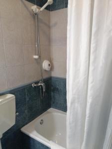 阿尔曼萨Guesthouse RSA by Umbral的带淋浴和白色淋浴帘的浴室