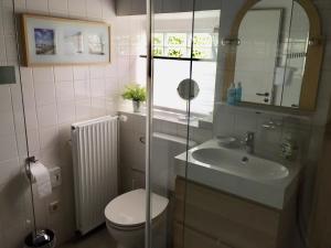 汉诺威Suite „Friesland“ - wunderschönes Apartment in Fachwerkhaus的一间带卫生间和水槽的浴室
