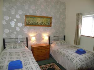 GroeslonCae Berllan Cottages的一间卧室设有两张床和窗户。