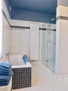 特纳维耶L'Aubier的带浴缸和玻璃淋浴间的浴室。