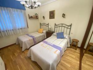 巴约讷Piso Céntrico Baiona的一间卧室配有两张床和吊灯。