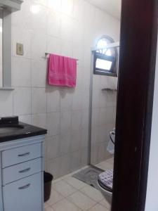 约恩维利Hostel e Pousada Boa Vista的一间带卫生间和粉红色毛巾的浴室