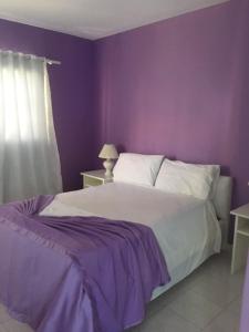 蓬塔卡纳Hotel Maracas Punta Cana的卧室设有紫色墙壁和白色的床