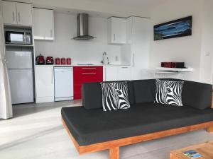 欧尼坦基Sea La Vie - Waiheke Island Luxury Accommodation的客厅配有带斑马枕头的沙发