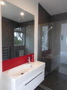 欧尼坦基Sea La Vie - Waiheke Island Luxury Accommodation的浴室配有白色水槽和淋浴。