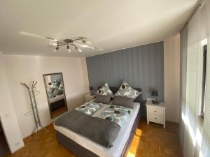 科斯费尔德Ferienwohnung Baumberger-Auszeit的一间卧室配有一张床和吊扇