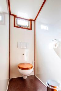 莱米尔Tjalkjacht Pelikaan Lemmer的一间带卫生间和木制马桶座的浴室