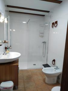 桑提亚纳德玛Apartamentos LLave de Santillana的一间带水槽、卫生间和淋浴的浴室