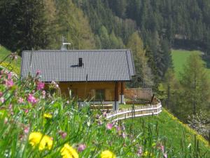 欧缇莫Chalet Niederhaushof的山丘上的房子,有栅栏和鲜花