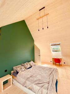 什恰夫尼察Pieniny LOVE的一间卧室设有绿色的墙壁和一张床