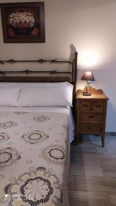 里奥帕尔CASAS RURALES EMILIO的一间卧室配有一张床和一个带灯的床头柜