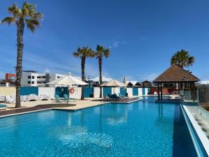 曼哲拉Dolphin View 404的一座种植了棕榈树和遮阳伞的大型蓝色游泳池
