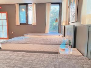 木浦市Picasso Guesthouse的一间卧室设有两张床和窗户。