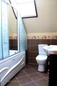什图罗沃Artemis Resort Wellness Hotel的浴室配有卫生间、浴缸和水槽。