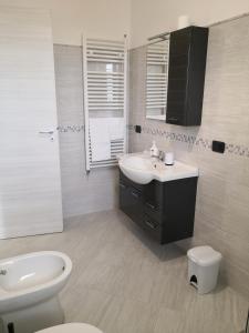科里利亚诺多特兰托B&B Il Papavero Rosso的白色的浴室设有水槽和卫生间。