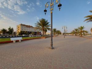 阿尔阿尔Qasr Alshamal Hotel的棕榈树环绕的街道中间的路灯