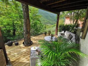 CantianoBed & Breakfast SENTIERO 54的木制甲板上设有种有长沙发和植物的庭院