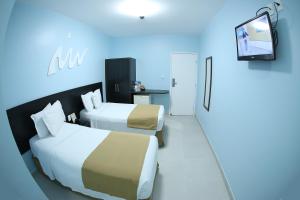 阿拉卡茹皇家海滩酒店的一间酒店客房,设有两张床和电视