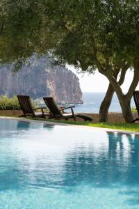 坎亚梅尔坎西蒙内塔酒店 - 仅限成人的一个带两把椅子的游泳池,一个树和大海