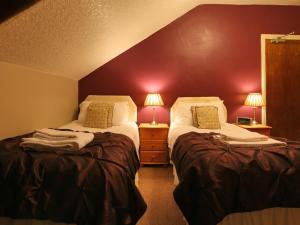 凯西克Craglands guest house的一间卧室设有两张床和红色的墙壁