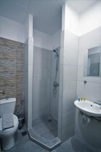 雅典Athens Psiri Hotel的带淋浴、卫生间和盥洗盆的浴室