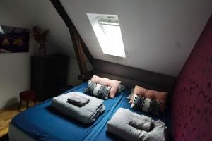 奥勒松Ålesund downtown loft room with shared bathroom的一间卧室配有一张带蓝色床单和枕头的床。