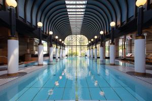 因特拉肯维多利亚少女峰温泉大酒店的一个带天花板和灯光的室内游泳池