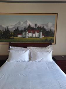 乔治阿尔卑旅馆的一张带白色枕头的床和一幅房子的画