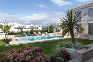 马林斯卡Luxury Rooms Vila Carissa的一个带游泳池和棕榈树的庭院
