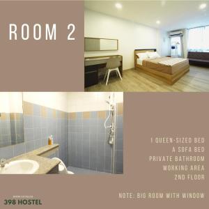 曼谷398 HOSTEL的浴室以及带床和水槽的卧室