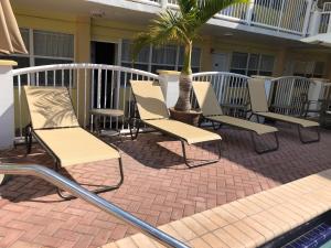 迈阿密海滩海滩广场酒店的庭院里放着一组椅子和一棵棕榈树