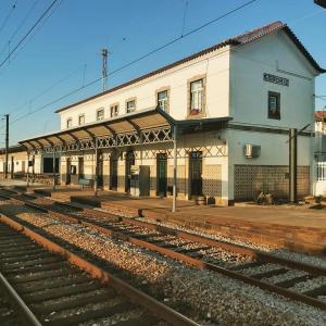 埃斯莫里斯Cork Train Station Guesthouse的火车站,火车轨道和大楼