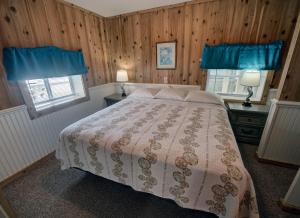 巴克斯顿Outer Banks Motel - Village Accommodations的一间卧室配有床和2个带蓝色窗帘的窗户。