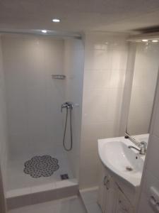 利沃夫Hotel Sun的带淋浴和盥洗盆的浴室