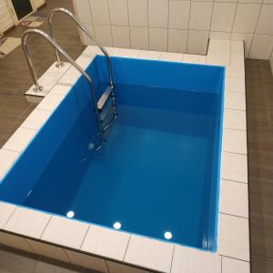 德拉格布拉特Оселя Драгобрат的白色瓷砖的客房内的蓝色浴缸
