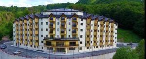 马夫罗沃Mavrovo Forest Apartments的山前的黄色大建筑