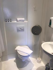 布莱顿霍夫Brighton Beach Inn的白色的浴室设有卫生间和水槽。