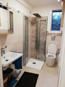 波多博罗Villetta Corallo IUN Q1810的带淋浴、卫生间和盥洗盆的浴室