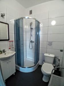 索波特索波特中心旅舍的带淋浴、卫生间和盥洗盆的浴室