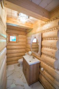 乌斯特龙Świerkowy Raj的木制浴室设有水槽和卫生间
