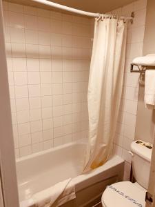 卡尔加里红地毯汽车旅馆的带浴缸和卫生间的浴室。