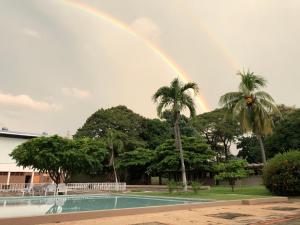 圣克鲁斯Hotel Diriá Santa Cruz的棕榈树游泳池上的彩虹