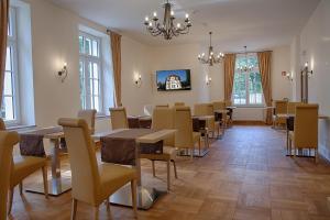 巴特皮尔蒙特Hotel Dirks am Schloss的一间带桌椅和吊灯的用餐室