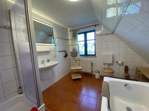 LüßvitzFerienwohnungen Dargatz的浴室配有盥洗盆、卫生间和浴缸。