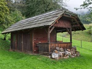 ArriachHoliday home in Arriach near Lake Ossiach的一座带屋顶的小型木结构建筑