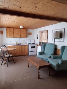 Dwight阿冈昆湖滨旅馆的一间带两把椅子和一张桌子的客厅以及一间厨房