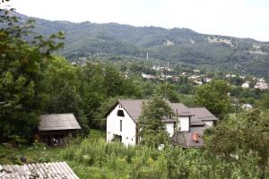 阿雷富Hățașul Bunicului的山丘上一组房子,背景是山丘
