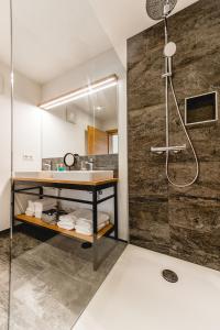 佩尔蒂绍Cabin8 Alpine Flair Apartments的一间带水槽和淋浴的浴室