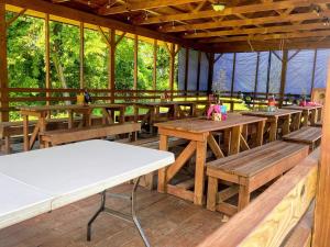 布兰森The Cottage Resort的一组木桌和长椅,放在亭子里