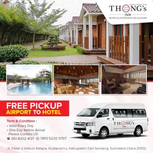 棉兰Thong's Inn Hotel Kualanamu的一张酒店照片和一辆白色面包车的拼贴图